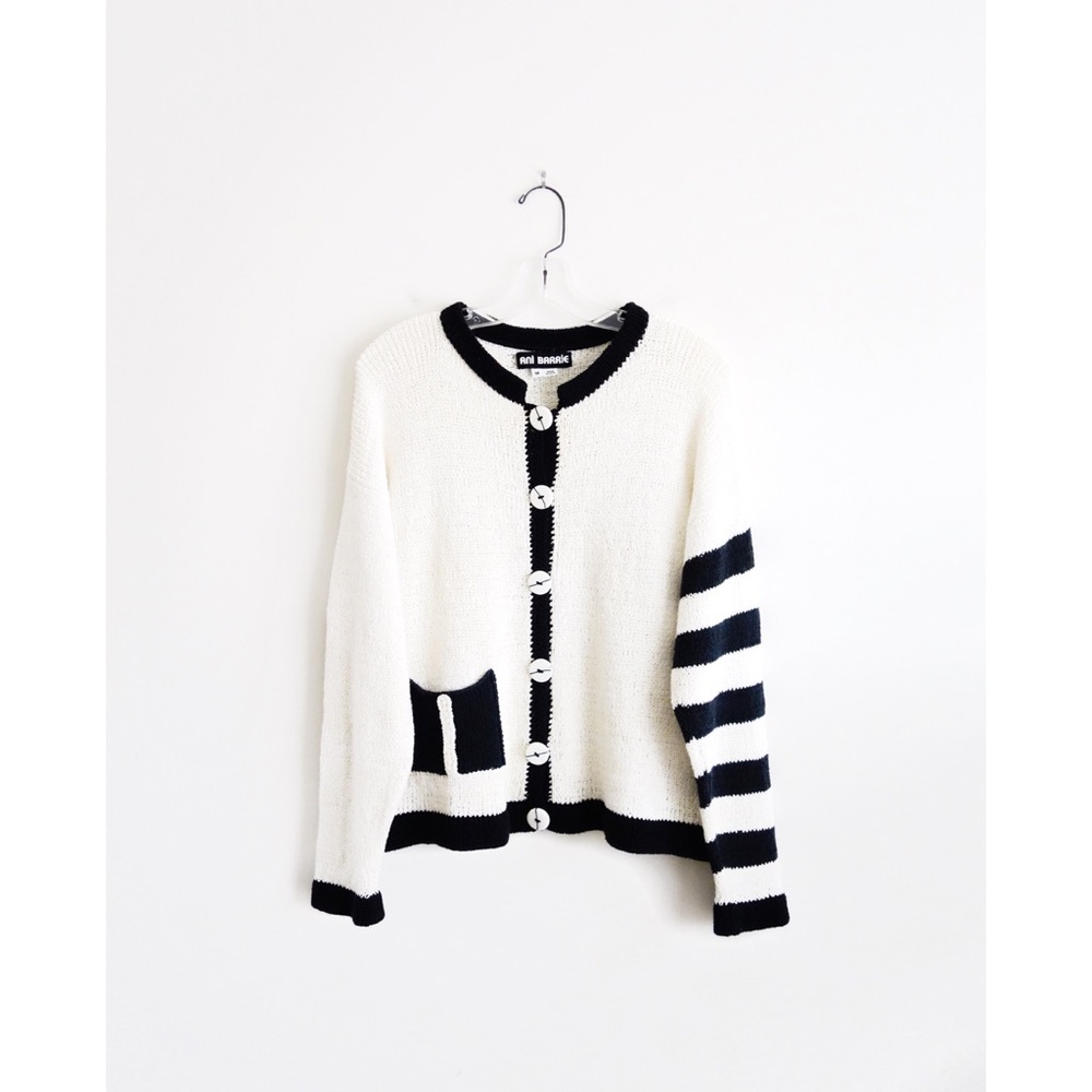 Vintage Ivory White Black Cotton Cardigan sz M